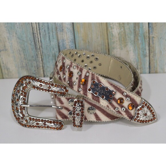 BHW Rhinestone Western Belt Brown Cow Hair Size M 32 Conch Jewel Gemstone Buckle - Picture 1 of 16